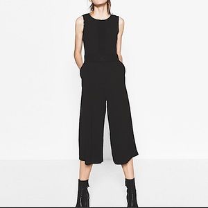 ZARA Wide Leg Cropped Culotte Capri Jumpsuit Black Lace Detail Small
